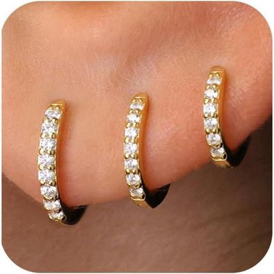 FUNEIA 3 Paar Creolen Silber 925 Gold Set 14K Vergoldet Mini Ohrringe A-Gold