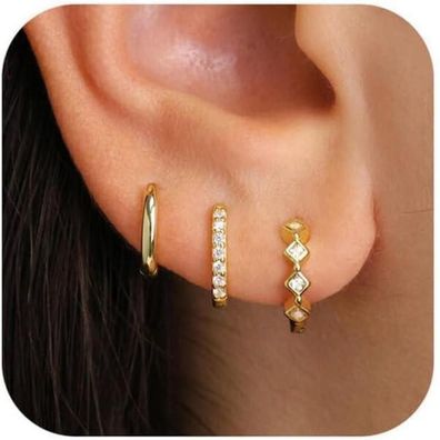 FUNEIA 3 Paar Creolen Silber 925 Gold Damen Ohrringe Set 14K Vergoldet