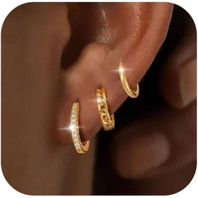 FUNEIA 3 Paar Silber 925/Gold Creolen Ohrringe 14K Vergoldet Mini Wasserfest