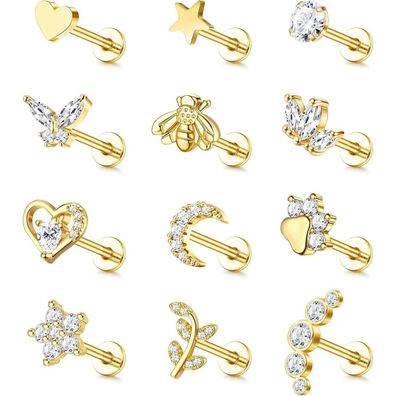 16G Tragus Helix Ohrringe Chirurgenstahl Innengewinde CZ Set 12 Damen Herren