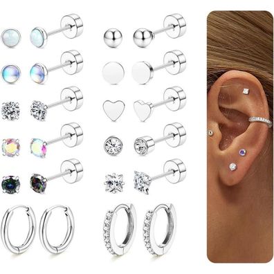 12 Paar Hypoallergene Ohrringe Set Silber/Gold Damen Herren Zirkonia Opal