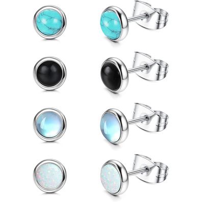 Mondstein Opal Türkis Ohrstecker Set 4MM/6MM 4 Paare Edelstein Hypoallergene für