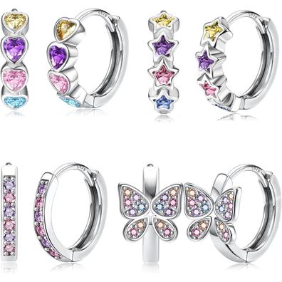 Kleine Creolen Set Silber 925 Mädchen Zirkonia Schmetterling Herz Blumen 4 Paar