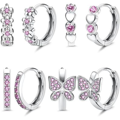 Kleine Silber Creolen Set Mädchen 925 Zirkonia Herz Schmetterling Blumen