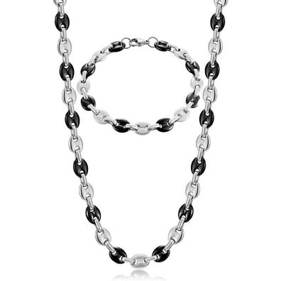 Afstalr Herren Halskette Edelstahl Kaffeebohne Armband Set Silber/Schwarz 61CM