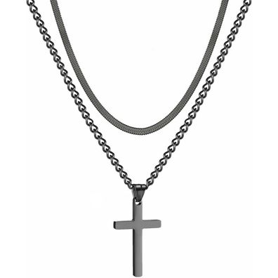 Herren Kreuzkette Edelstahl Silber/Gold/Schwarz Layered Kubanische Anhänger
