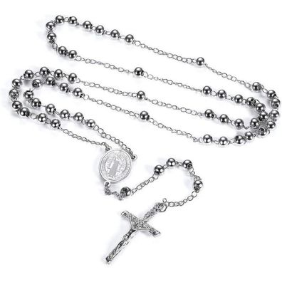 FaithHeart Damen Rosenkranz Halskette mit Heiliger Benedikt Anhänger Silber