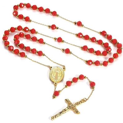 FaithHeart Rosenkranz Halskette Damen Heiliger Benedikt Anhänger Rot