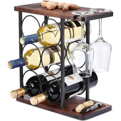 Weinregal mit Glashalter und Tablett - Holz Weinhalter für 6 Flaschen & 2 Gläser