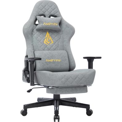 Andyou Gaming Stuhl Racing, Grau, mit Lenden- und Kopfkissen