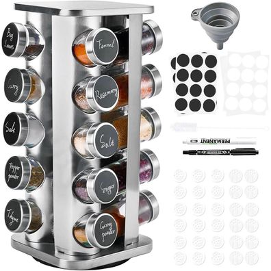 SAEIV Quadrat Gewürzregal 20 Gewürzgläser Edelstahl 360° Drehbar Küchen