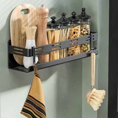 Gewürzregal Selbstklebend Küchenregal Wand 4 Haken 40cm Schwarz