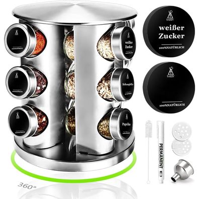 SAEIV 360° Rotation Gewürzregal 12 Gewürzgläser Deutsch Etiketten Regal