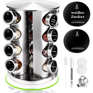 360° Rotation Gewürzregal Stehend mit 16 100ml-Gläsern & Etiketten
