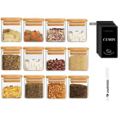 Gewürzgläser Set 12er 120ml Organizer Bambusdeckel Etiketten Kreidestift