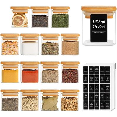 16 Glasgewürzdosen m. Bambusdeckel 113ml+275 Etiketten
