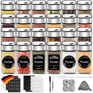24 Gewürzgläser Set 120ML Streueinsatz Drehdeckel inkl. Trichter Etikett