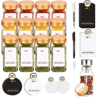 SAEIV Gewürzgläser Set | 12 Gewürzdosen 80 Etiketten | Küche Organizer