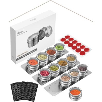 HOMGEN Gewürzdosen Magnetisch Edelstahl 12tlg. Set 100ml Gewürzgläser Spice Jars