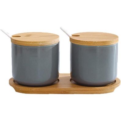 Keramik Gewürzdosen Set Salztopf Zuckerdose Bambus Löffel 260ml