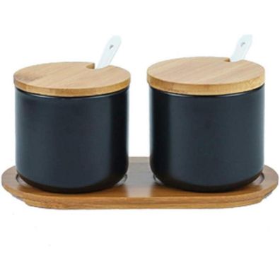 Set 2 Keramik Gewürzdosen Salztopf Zuckerdose Löffel Bambus Deckel 260ml