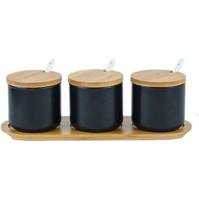 3er Set Keramik Gewürzdosen Salz Zuckerdose Löffel Bambus Deckel 260ml