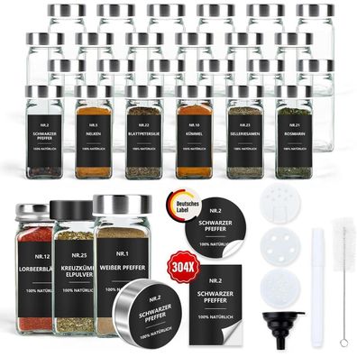 24er Set Gewürzgläser Eckig 120ml Etiketten Streueinsatz - Wasserfeste Labels