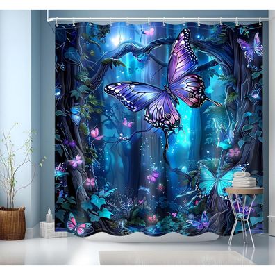 Duschvorhang Blau 200x200 Bunt mit Motiv Wasserdicht 12 Ringe