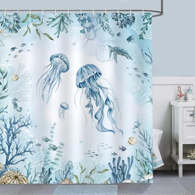 Duschvorhang Qualle Blau Ozean Meeresschildkröte 180x180 Anti-Schimmel Polyester