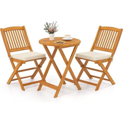 3tlg. Gartenmöbel Set Akazienholz klappbar Rundtisch 2 Stühle Kissen Beige