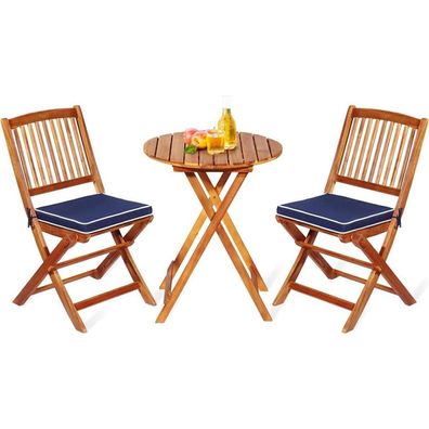 3tlg. Gartenmöbel Set Akazienholz klappbar mit Kissen Blau