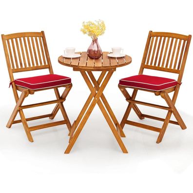 3tlg. Gartenmöbel Set Akazienholz klappbar Rundtisch 2 Stühle Kissen Rot