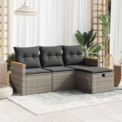 4-tlg. Garten-Sofagarnitur Kissen Grau Poly Rattan Balkonmöbel Set