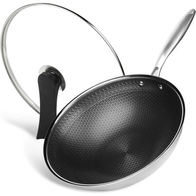 32cm Edelstahl Wok mit Deckel Antihaftbeschichtung Induktion Gas Backofenfest