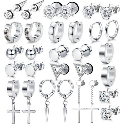 15 Paar Ohrringe Herren Edelstahl Set Zirkonia Kreuz Schwarz/Silber