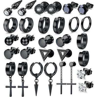 15 Paar Herren Edelstahl Ohrringe Zirkonia Set Creolen Piercing Schwarz/Silber