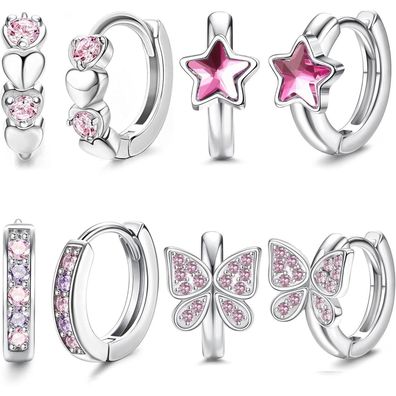 Kleine Silber Creolen Ohrringe Set für Damen Mädchen Zirkonia Herz Stern