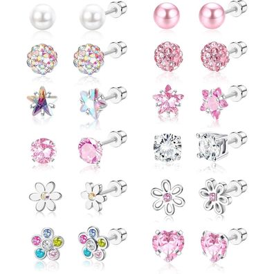 JeweBella 12Paar Kleine Ohrstecker Set Herz Blume Schmetterling Zirkonia