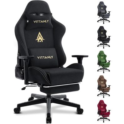 Gaming Stuhl Vittanly Schwarz, Ergonomisch mit Fußstütze & Kopfstütze