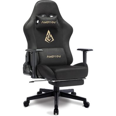Andyou Gaming Stuhl mit Fußstütze und Lendenkissen Schwarz