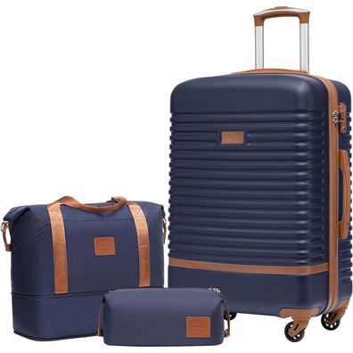 Coolife Koffer Set 3tlg ABS Hartschale 4 Rollen TSA-Schloss Blau/Braun