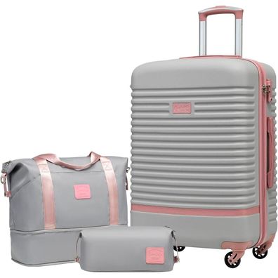 Coolife Koffer Trolley ABS Hartschale 4 Rollen TSA-Schloss Grau/Rosa 3tlg