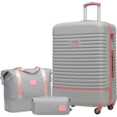 Coolife Koffer Trolley Set ABS Hartschale 4 Rollen TSA-Schloss Grau/Rosa 3tlg