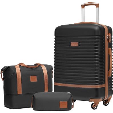 Coolife Koffer Set 3tlg ABS Hartschale 4 Rollen TSA-Schloss Schwarz/Braun