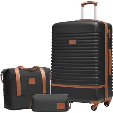 Großer Coolife Koffer-Set 3tlg ABS Hartschale 4 Rollen TSA-Schloss Schwarz/Braun