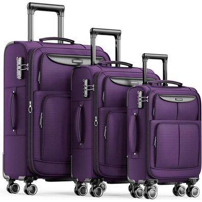 Showkoo Kofferset 3tlg Weichschale TSA 4 Rollen Violett