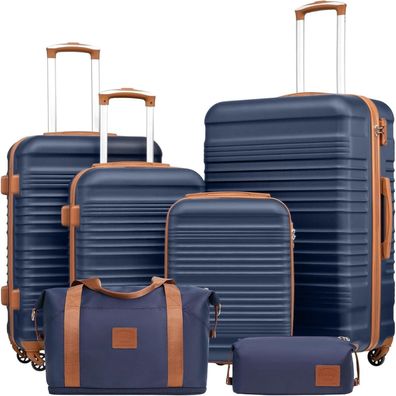 Coolife Koffer-Set 6tlg ABS Hartschale Reisekoffer 4 Rollen TSA Schwarz/Braun