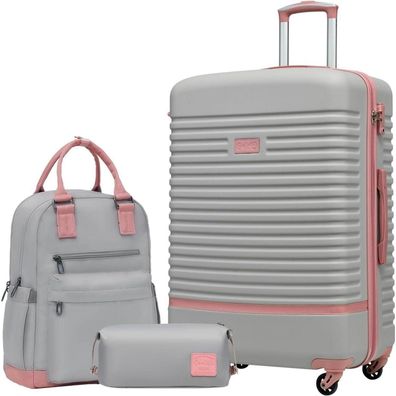 Coolife Koffer Trolley ABS Hartschale 4 Rollen TSA-Schloss 3tlg Grau/Rosa
