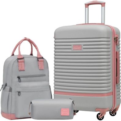 Coolife Koffer Trolley ABS Hartschale 4 Rollen TSA-Schloss 3tlg Grau Rosa