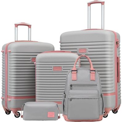 Coolife Koffer Trolley 5tlg ABS Hartschale 4 Rollen TSA Grau/Rosa